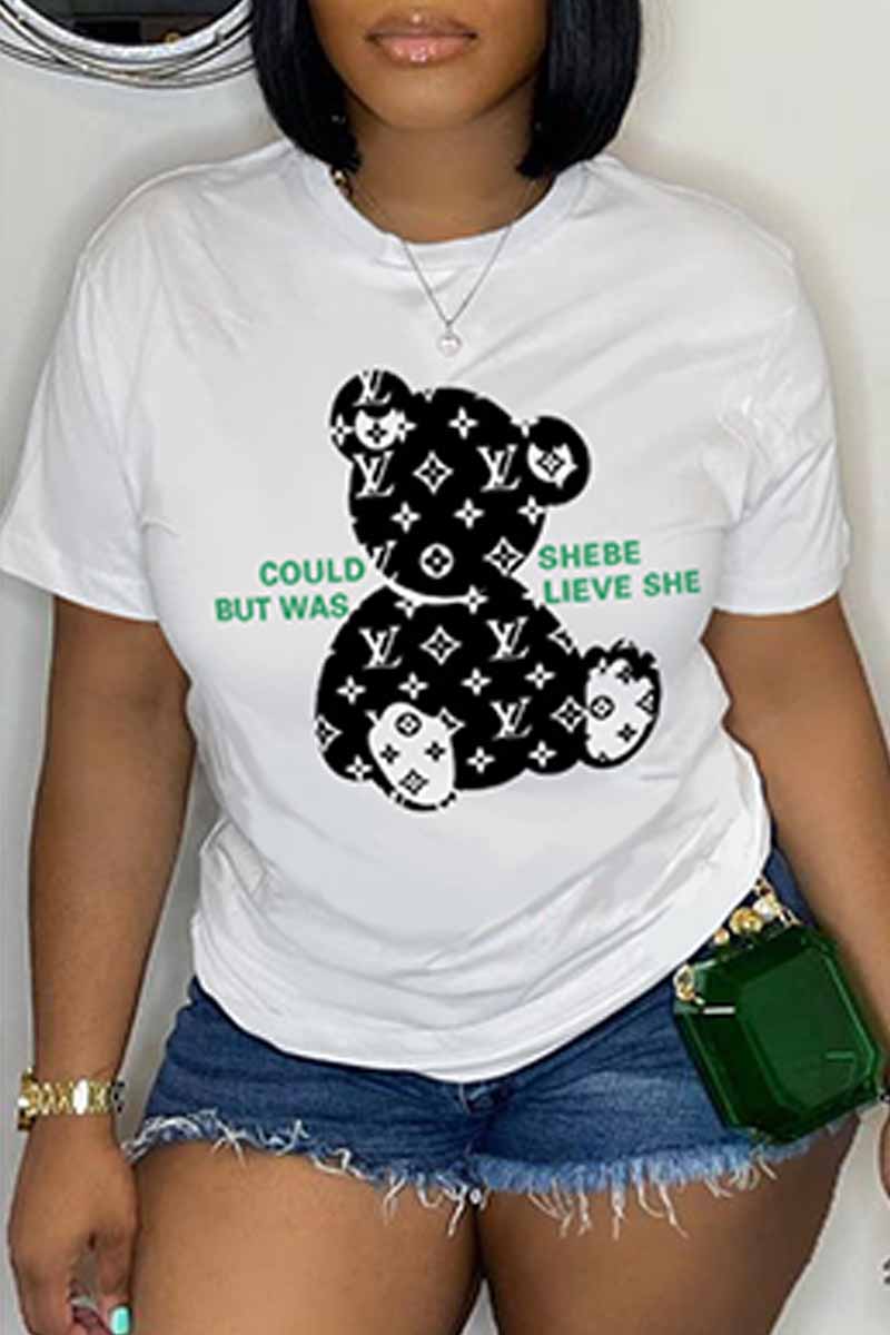 

White Casual Print Letter O Neck T-Shirts