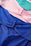 Blå sexigt lapptäcke urholkat rygglös kontrast axelbandslösa skinny jumpsuits