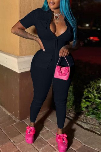 Black Sexy Solid Patchwork Pocket Turndown Collar Skinny Jumpsuits