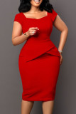 Red Elegant Solid Patchwork Square Collar One Step Skirt Dresses