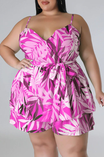 Rose Red Casual Print Patchwork Spaghetti Strap Plus Size Two Pieces