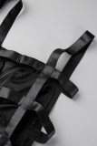 Negro sexy sólido patchwork transparente sin espalda correa de espagueti sin mangas dos piezas