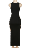 Negro sexy sólido ahuecado hacia fuera cuello cuadrado falda lápiz vestidos de talla grande