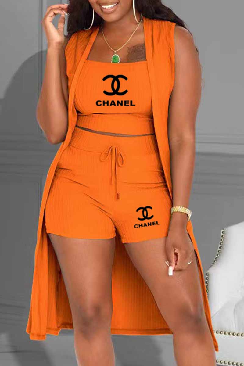 Orange Casual Print Letter U Neck Sleeveless Three Pieces