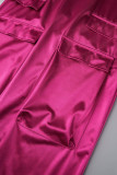 Parte inferior de color sólido recto de cintura alta con bolsillo de patchwork sólido casual rojo rosa