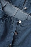 Grey Street Solid Hollowed Out Patchwork Buckle Turndown Collar Short Sleeve Straight Denim Jumpsuits