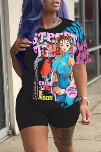 Black Pink Casual Print Basic O Neck Short Sleeve Two Pieces