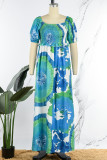 Turquoise elegante print patchwork vierkante kraag A-lijn jurken