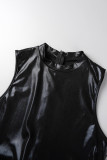 Zwarte street solid patchwork skinny jumpsuits met ronde hals