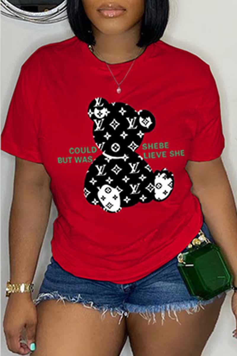 

Red Casual Print Letter O Neck T-Shirts
