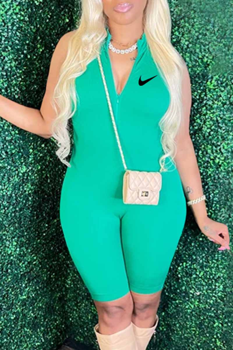 

Green Sexy Print Zipper Zipper Collar Jumpsuits