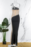 ブラック セクシー ソリッド パッチワーク ホット ドリル オブリーク カラー ワンステップ スカート ドレス