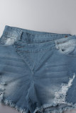 Sky Blue Street Solid Tofs Ripped Make Old Patchwork Asymmetrical High Waist Denim Shorts