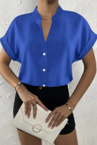 Blue Casual Solid Patchwork Buckle Mandarin Collar Tops