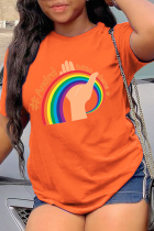 Orangefarbene, lässige Patchwork-T-Shirts mit O-Ausschnitt im Basisdruck