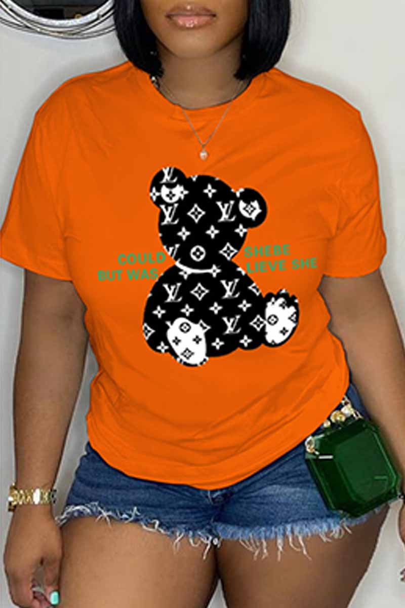 

Orange Casual Print Letter O Neck T-Shirts