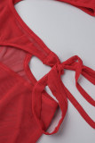 Robe sans manches à bretelles spaghetti dos nu transparente en bandage solide sexy rouge