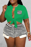 Green Sexy Striped Patchwork V Neck Short Sleeve Two Pieces