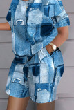 Water Blue Casual Print Patchwork O Neck Short Sleeve Two Pieces