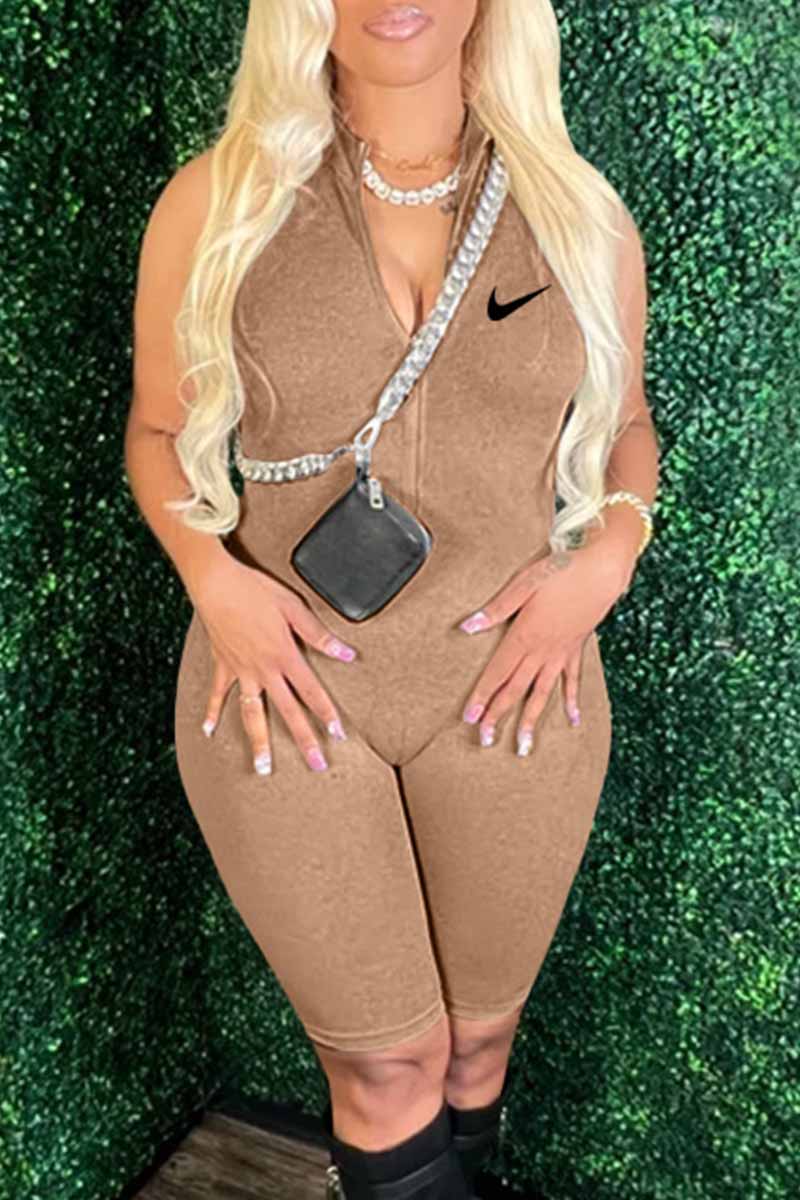 

Apricot Sexy Print Zipper Zipper Collar Jumpsuits