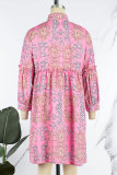 Roze casual print patchwork turndown kraag jurken met lange mouwen