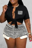 Black Sexy Striped Print Patchwork V Neck Short Sleeve Two Pieces Front Tie Crop Tops And Shorts Sets