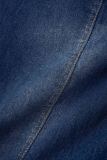Macacão jeans skinny azul casual com botões de retalhos gola redonda manga curta