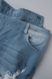 Sky Blue Street Solid Tassel Ripped Make Old Patchwork Asymmetrical High Waist Denim Shorts