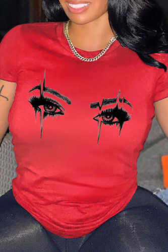Rojo Casual Daily Eyes Impreso Patchwork O Cuello Camisetas