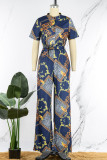 Navy Blue Casual Print Patchwork Buckle Turndown Collar Straight Jumpsuits