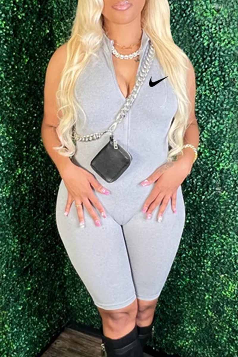 

Grey Sexy Print Zipper Zipper Collar Jumpsuits