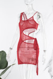 Bandagem Sólida Sexy Vermelha Vazada Transparente Sem Costas Vestido Alça Espaguete Sem Mangas