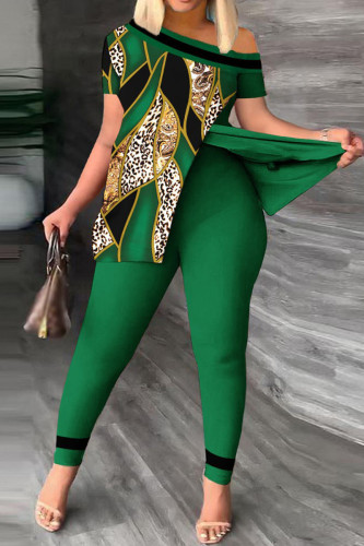 Green Casual Print Patchwork Slit Asymmetrical Oblique Collar Short Sleeve Two Pieces