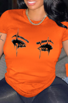T-shirt con scollo a O patchwork stampate con occhi casual quotidiani arancioni