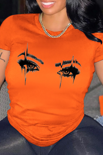 Oranje casual dagelijkse ogen bedrukte patchwork T-shirts met ronde hals