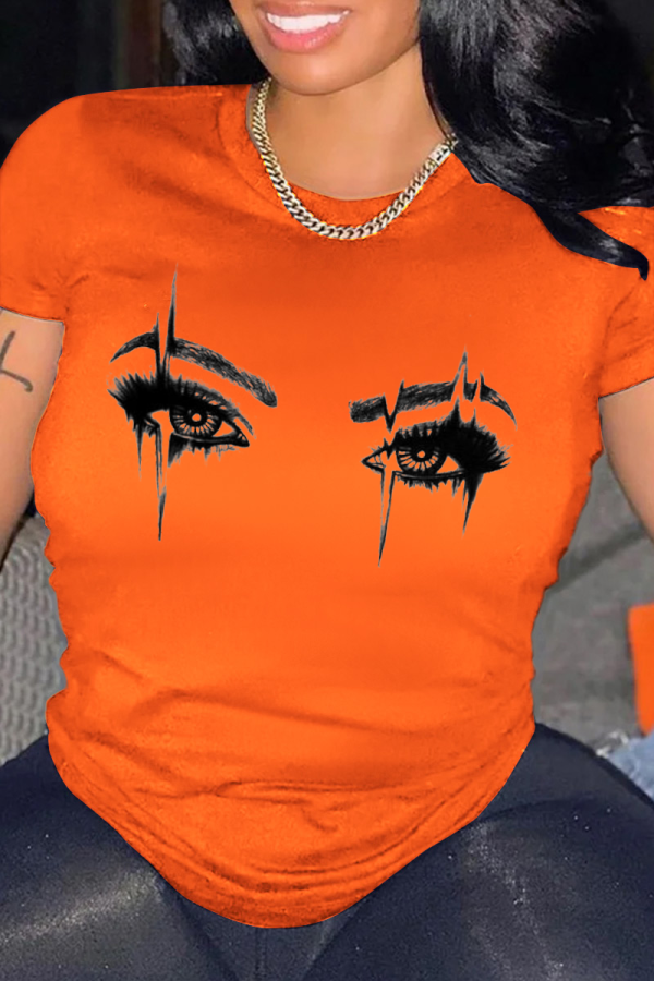 T-shirts à col rond et patchwork imprimés quotidiens orange décontractés