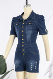 Blue Casual Solid Patchwork Buttons Turndown Collar Short Sleeve Skinny Denim Jumpsuits