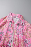 Vestidos manga longa com estampa casual rosa patchwork gola redonda
