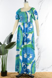 Turquoise elegante print patchwork vierkante kraag A-lijn jurken
