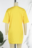 Geel Casual Street Solid Patchwork T-shirtjurk met O-hals Jurken