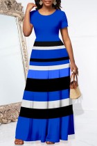 Blauwe casual print patchwork O-hals jurk met korte mouwen