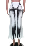 Pantaloni con stampa di posizionamento dritto a vita media patchwork con stampa street bianca