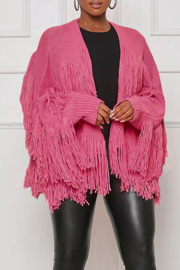 Prendas de abrigo de cuello de cárdigan de retazos de borla sólida informal rosa