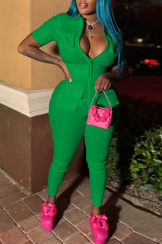 Grüner, sexy, einfarbiger Skinny-Jumpsuit mit Patchwork-Tasche und Umlegekragen