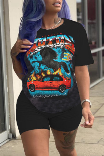 Black Red Casual Print Basic O Neck Short Sleeve Two Pieces