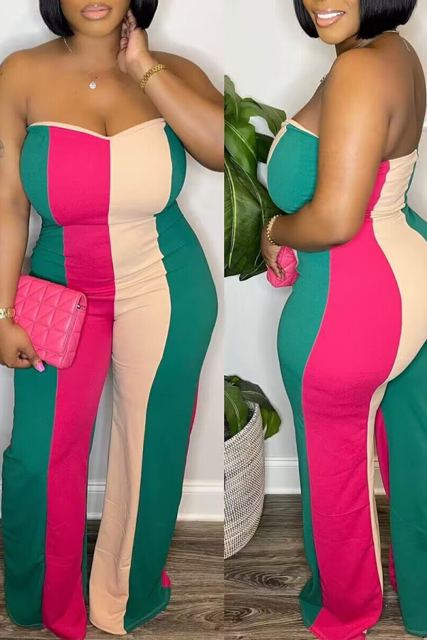 Colour Sexy Striped Patchwork Strapless Boot Cut Jumpsuits