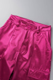 Розово-красные повседневные однотонные однотонные брюки в стиле пэчворк с высокой талией и карманами с высокой талией