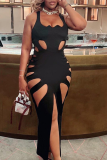 Black Sexy Solid Hollowed Out Square Collar Pencil Skirt Plus Size Dresses
