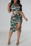 Army Green Casual Print Patchwork Split O Neck Short Sleeve Two Pieces