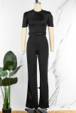 Black Elegant Solid Patchwork O Neck Straight Jumpsuits